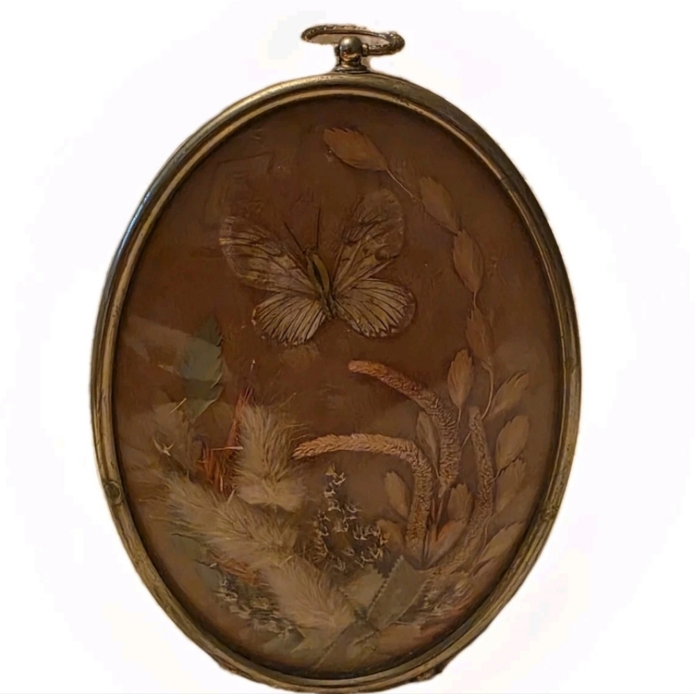 Vintage Handmade Pressed Dried Flowers & Butterfly Concave Brass Frame